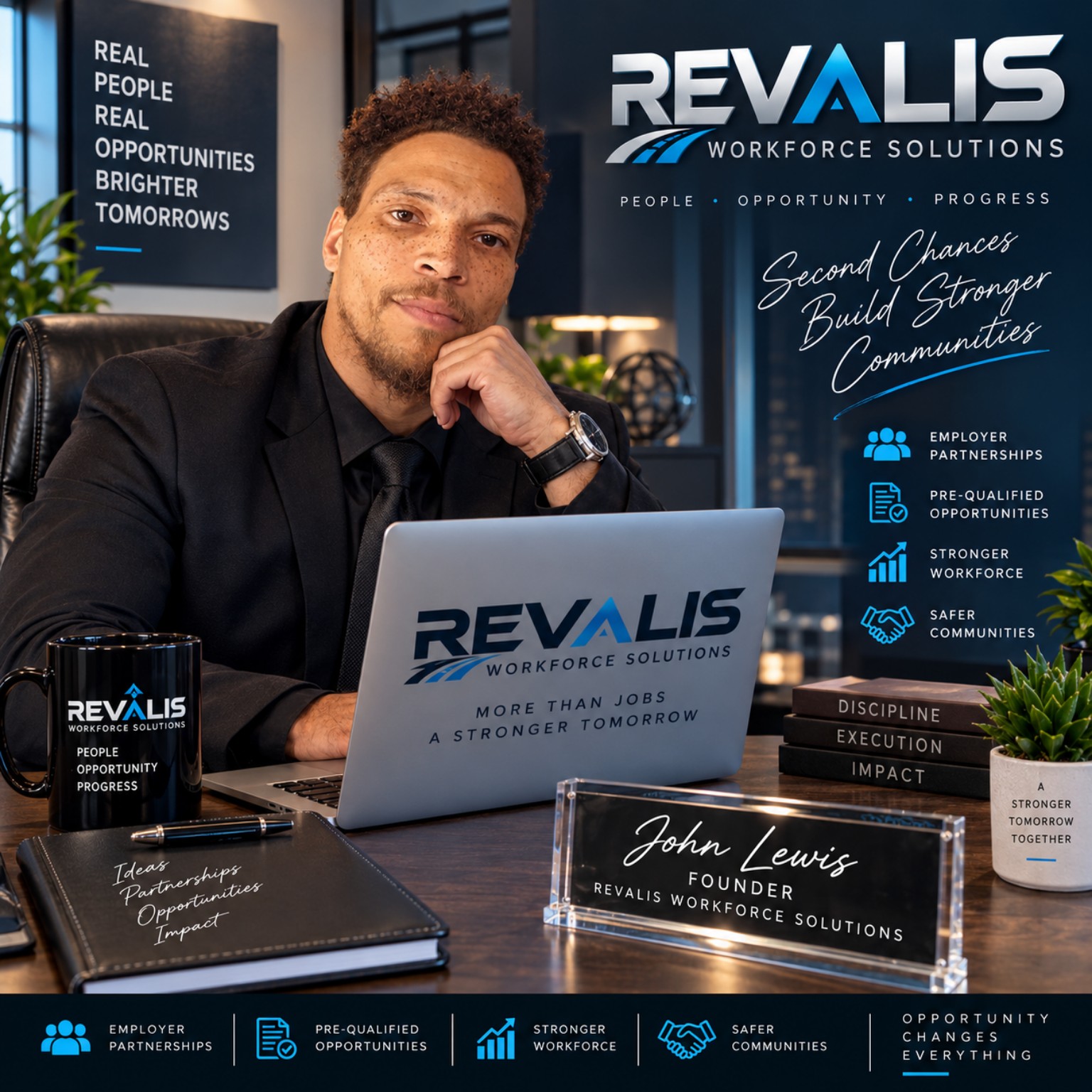 Revalis Workforce Solutions founder in a professional office setting.